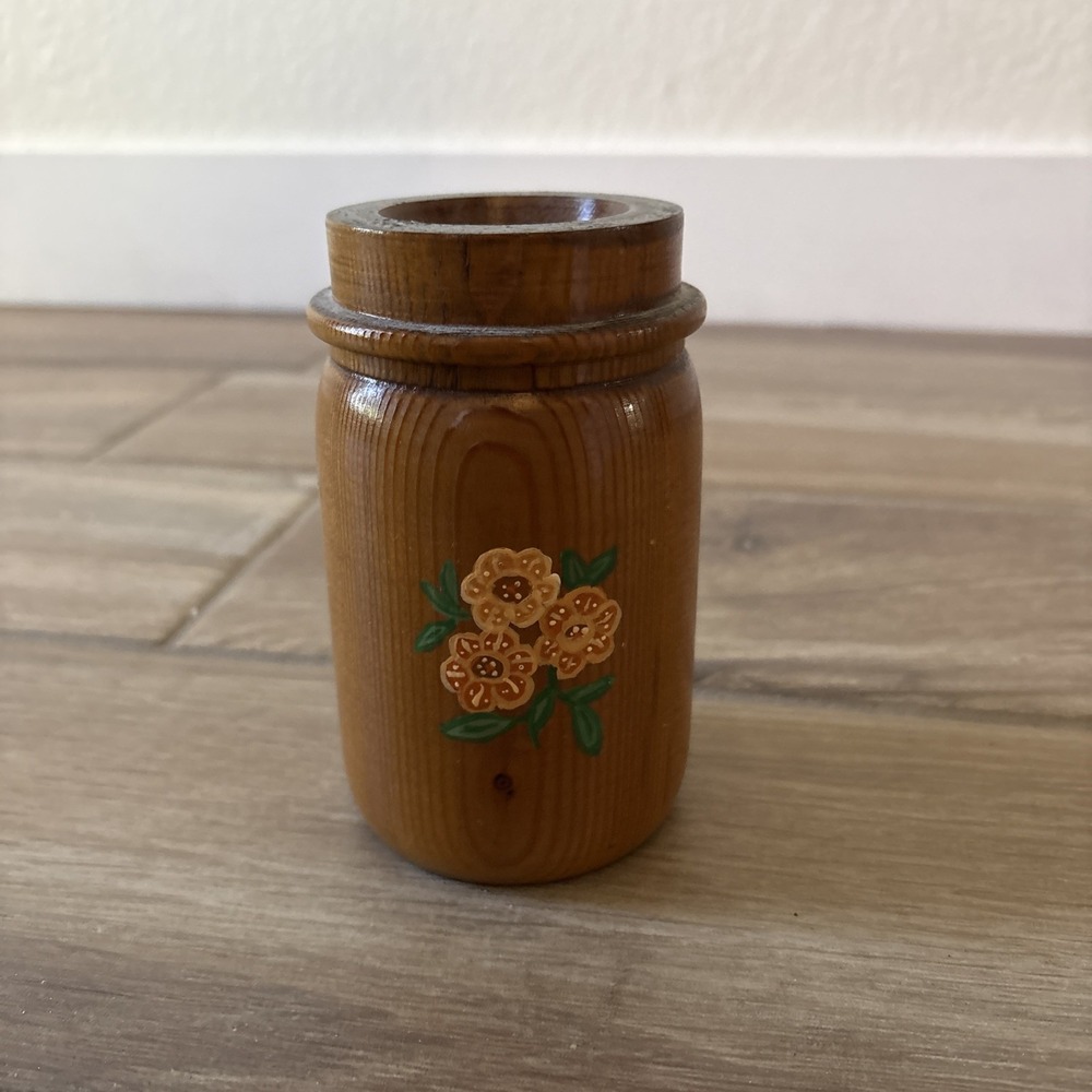 Vintage Wooden Jar Painted Brown Flowers Accent 5"